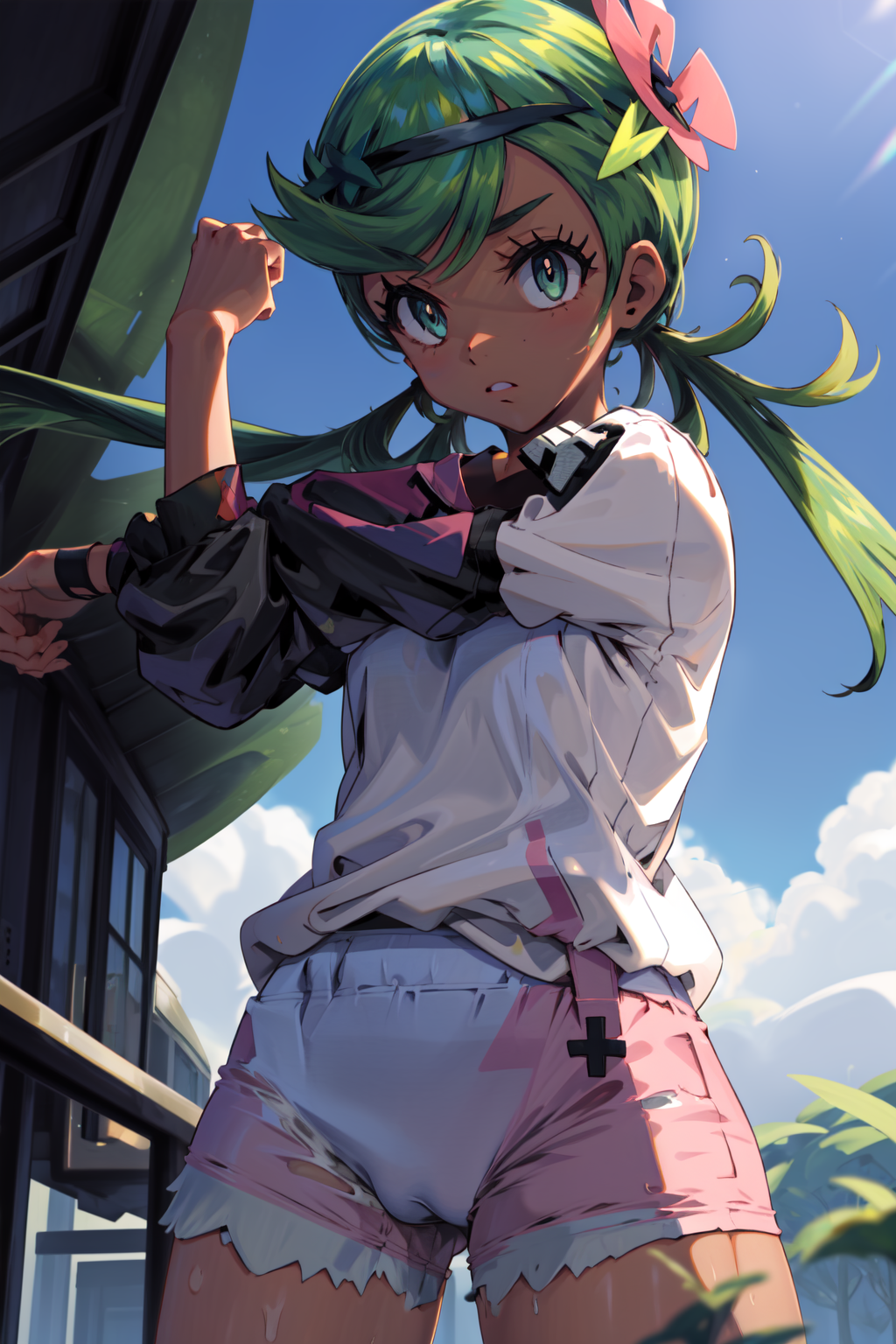 00202-3926383820-masterpiece,best quality,1girl,mallow _(pokemon_),zodiac_mallow,Green hair,(dark skin),twin tails,hair ornament,gym uniform,gym.png
